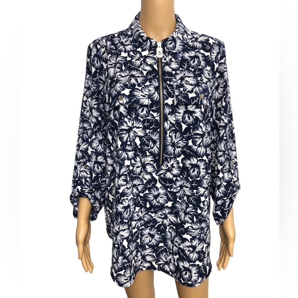 MICHAEL KORS Long Roll-tab Sleeve Floral Blue Hibiscus Tunic Top Blouse Size L - Picture 2 of 14